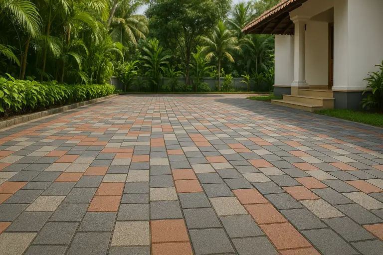 Outdoor interlock tiling installation in Kochi driveway